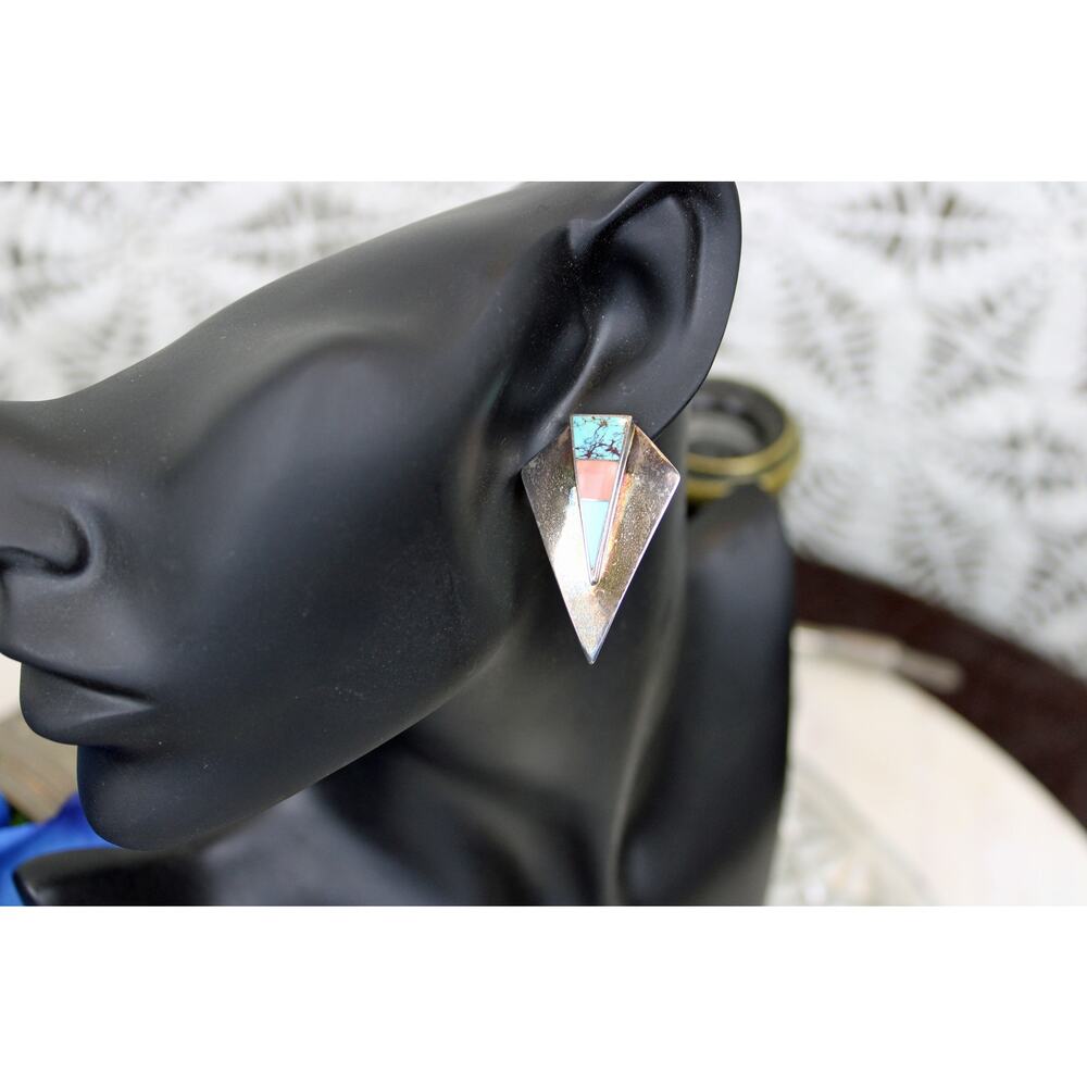 Ray Tracey Knifewing Navajo Sterling Silver Inlay Earrings - Picture 6 of 9